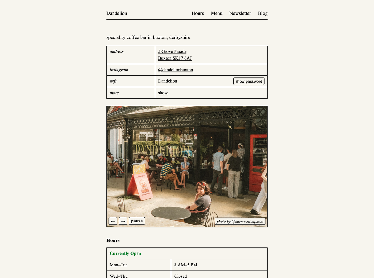A screenshot of Dandelion Coffee's new website by Bell Kiosk