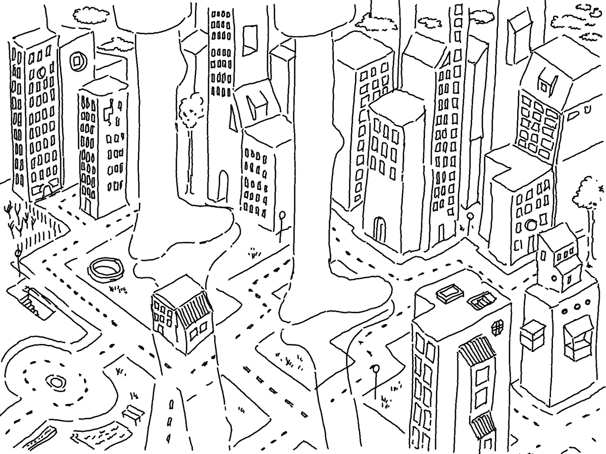 drawing of a giant walking through New York City