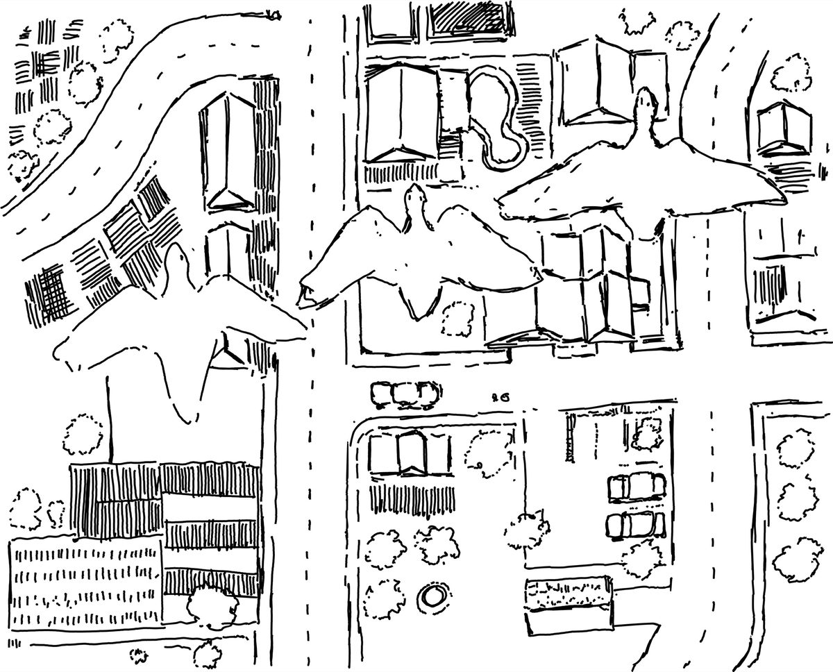 Drawing of a bird's eye view.